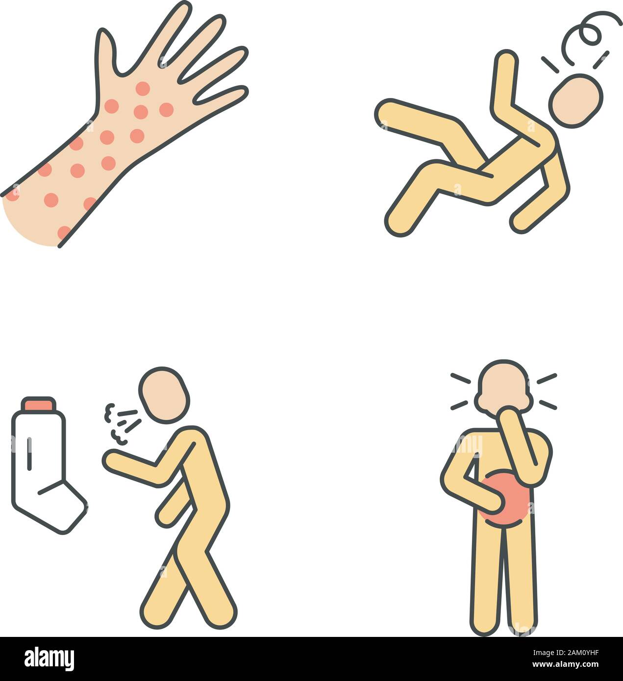 Infection, allergy symptoms color icons set. Skin rash allergic