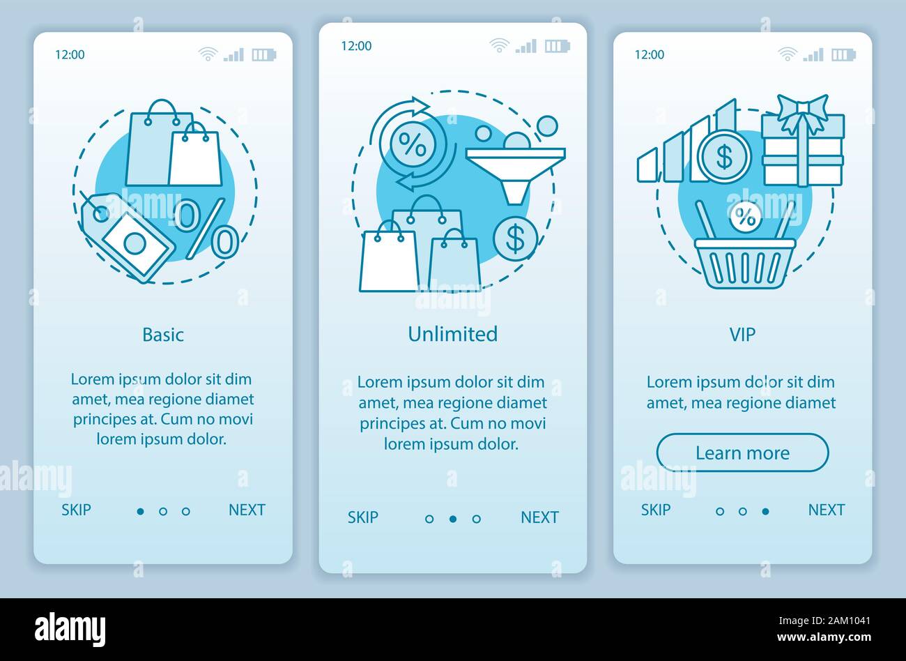 Discounts & bonuses subscription onboarding mobile app page screen vector template. Basic, VIP tariffs. Walkthrough website steps with linear illustra Stock Vector