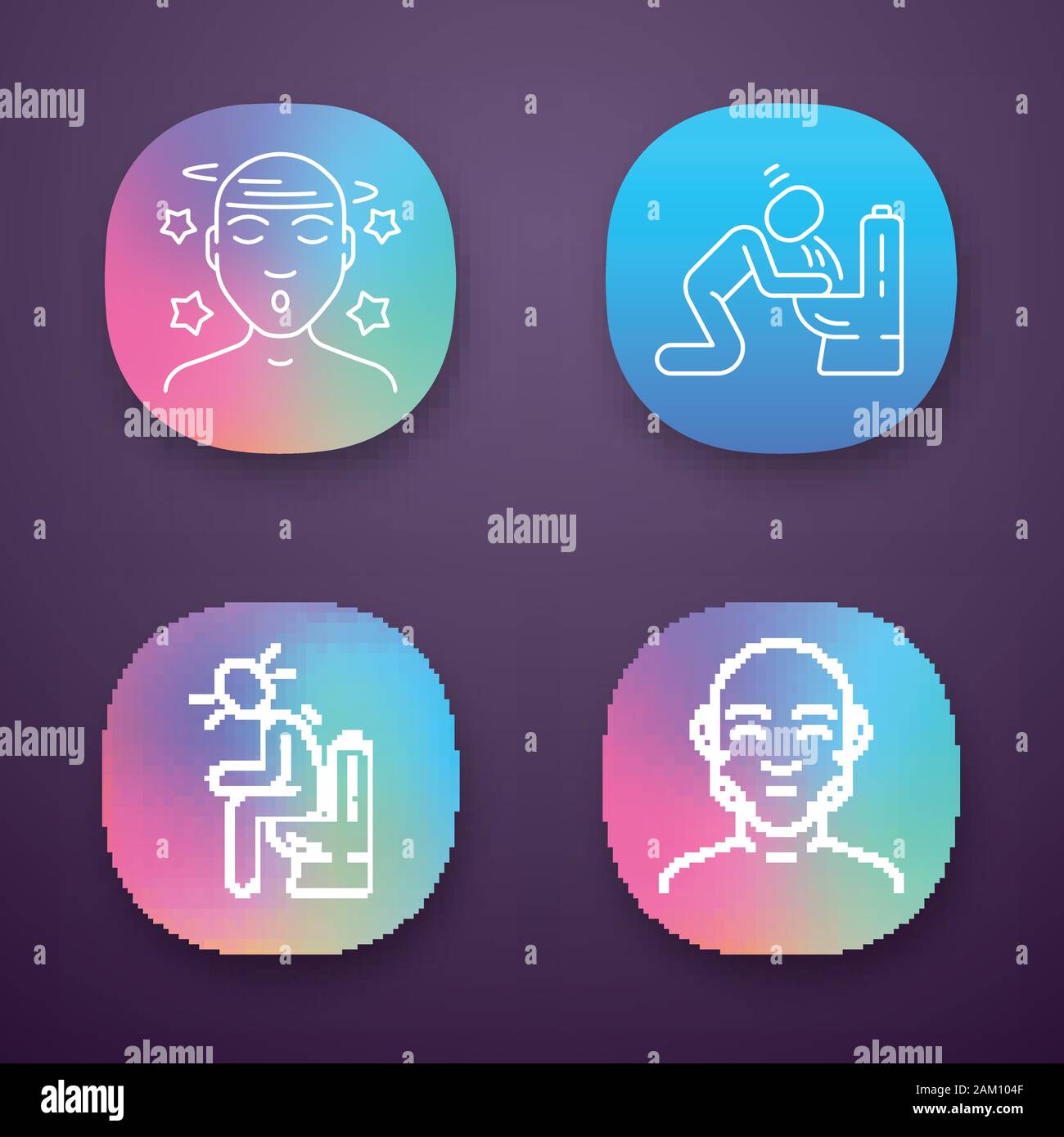 Food poisoning, allergy symptoms app icons set. Vomiting, diarrhea