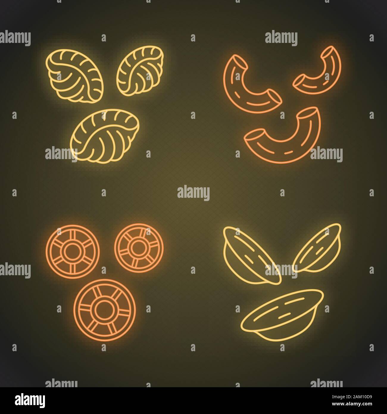 Pasta noodles neon light icons set. Different Mediterranean macaroni