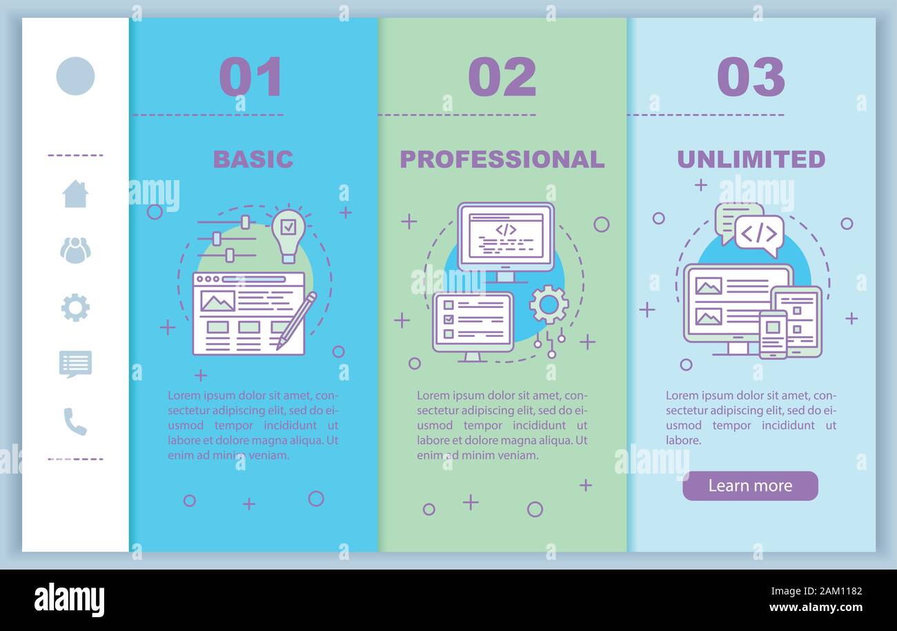 Website builder pricing onboarding mobile web pages vector template. Basic tariff. Responsive smartphone website interface idea, linear illustrations. Stock Vector