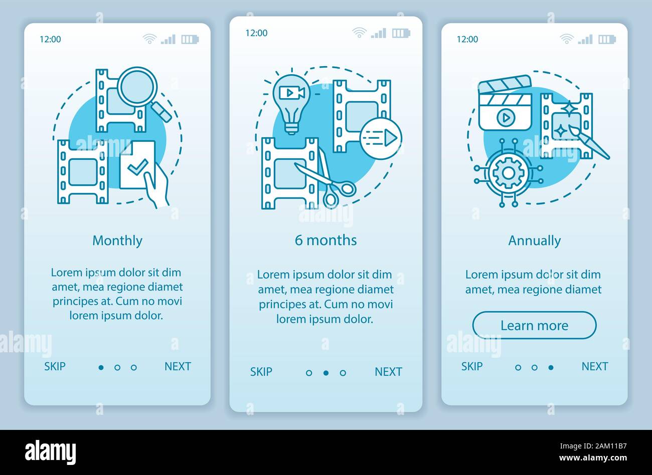 Video editor subscription onboarding mobile app page screen vector template. Monthly or annually tariffs. Walkthrough website steps with linear illust Stock Vector