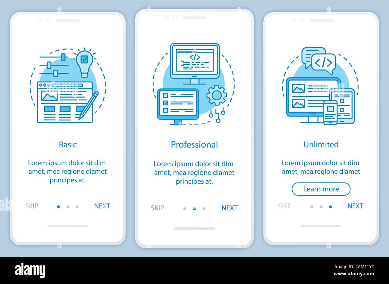 Website builder pricing onboarding mobile app page screen with linear concepts. Three walkthrough steps graphic instructions. Basic, professional tari Stock Vector