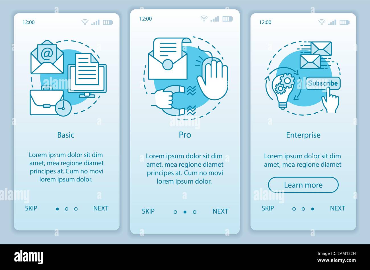 Email marketing subscription onboarding mobile app page screen vector template. Basic or pro tariffs. Walkthrough website steps with linear illustrati Stock Vector