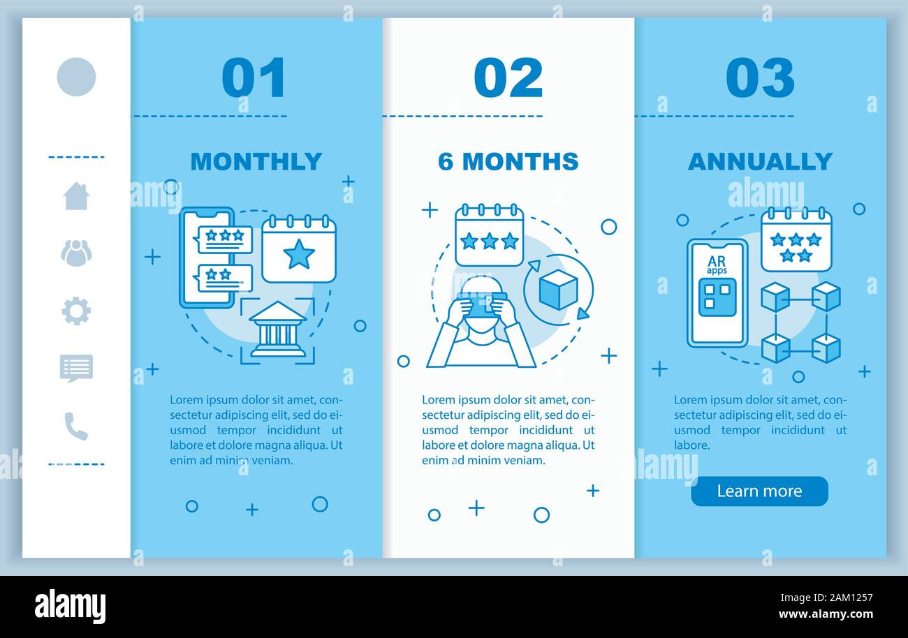 AR tool subscription onboarding mobile web pages vector template. Monthly tariff. Responsive smartphone website interface idea, linear illustrations. Stock Vector