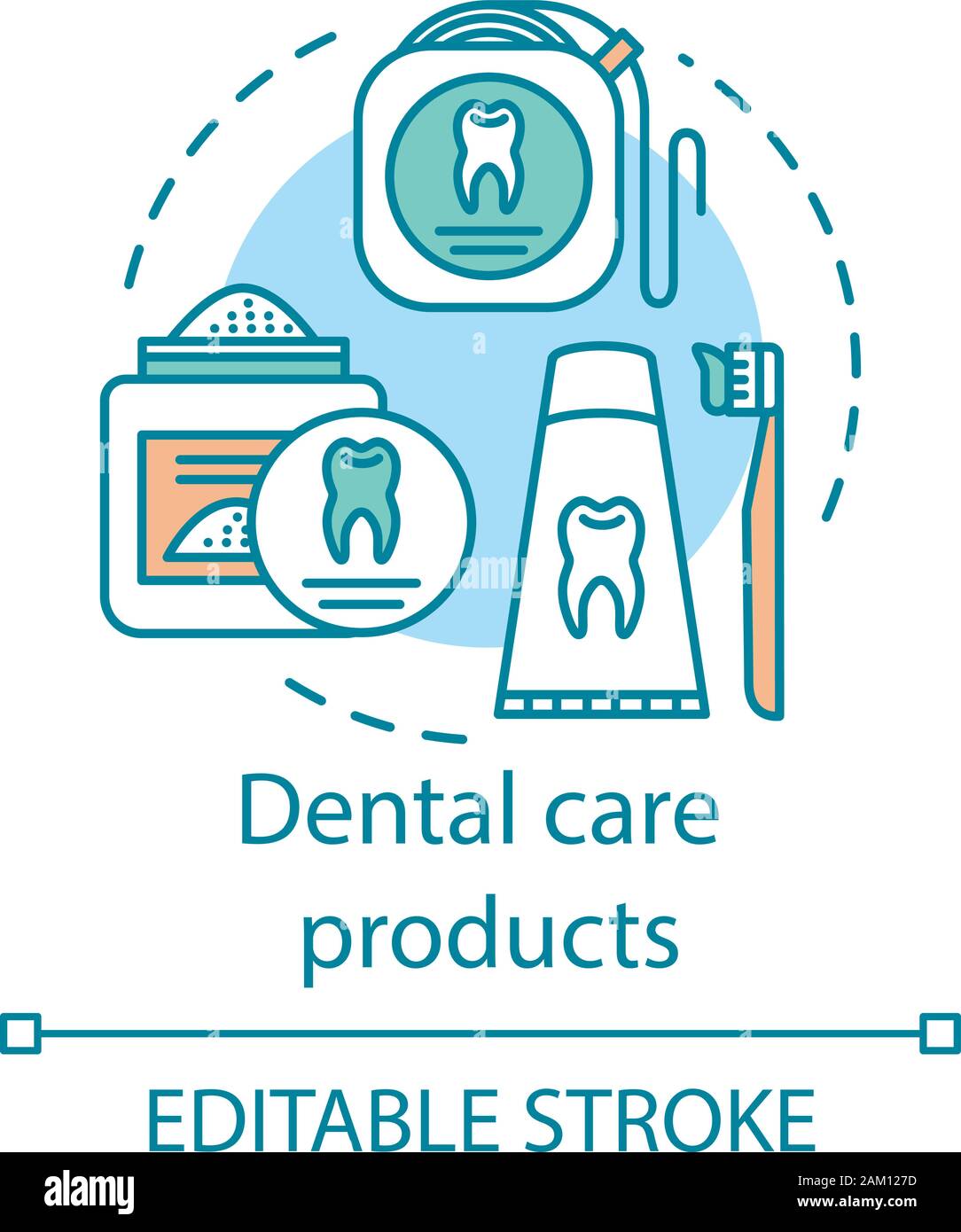 Dental care products concept icon. Caries prevention. Toothpaste, tooth