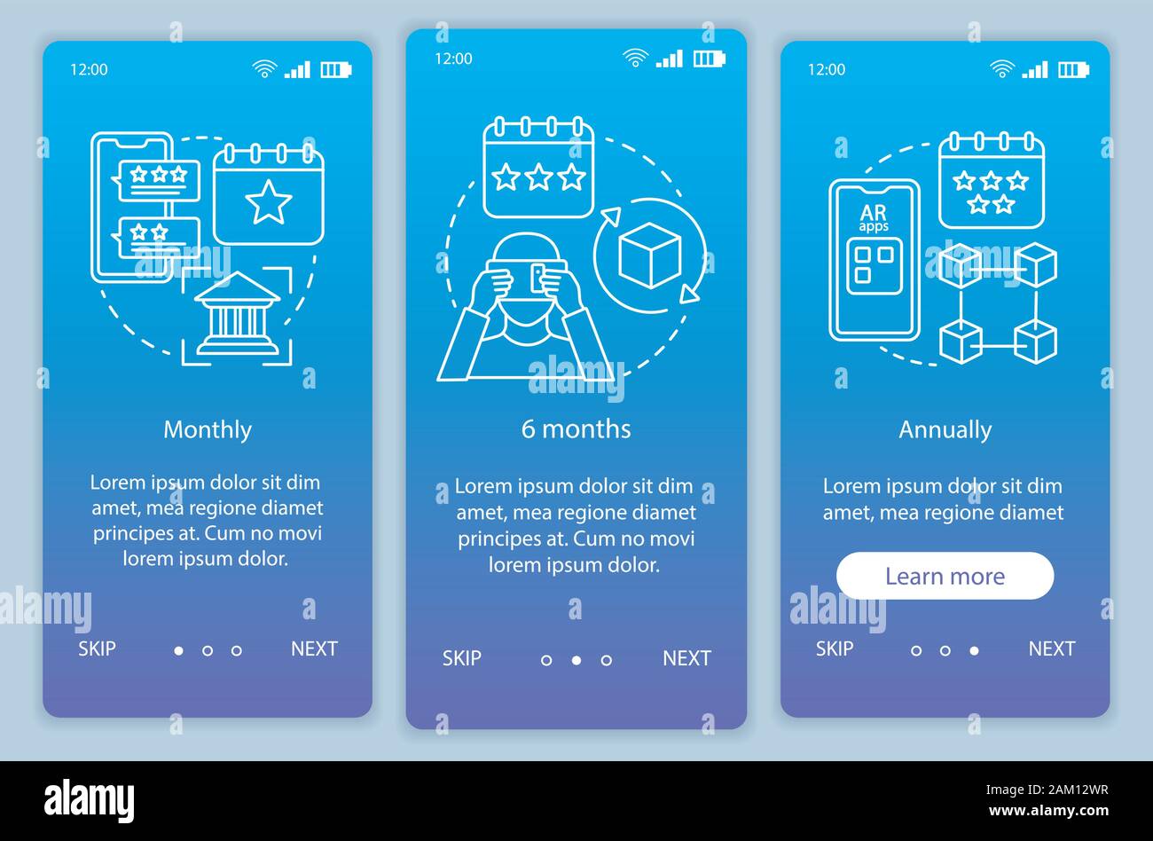 AR tool subscription onboarding mobile app page screen vector template. Walkthrough website steps with linear illustrations. Monthly or annually tarif Stock Vector