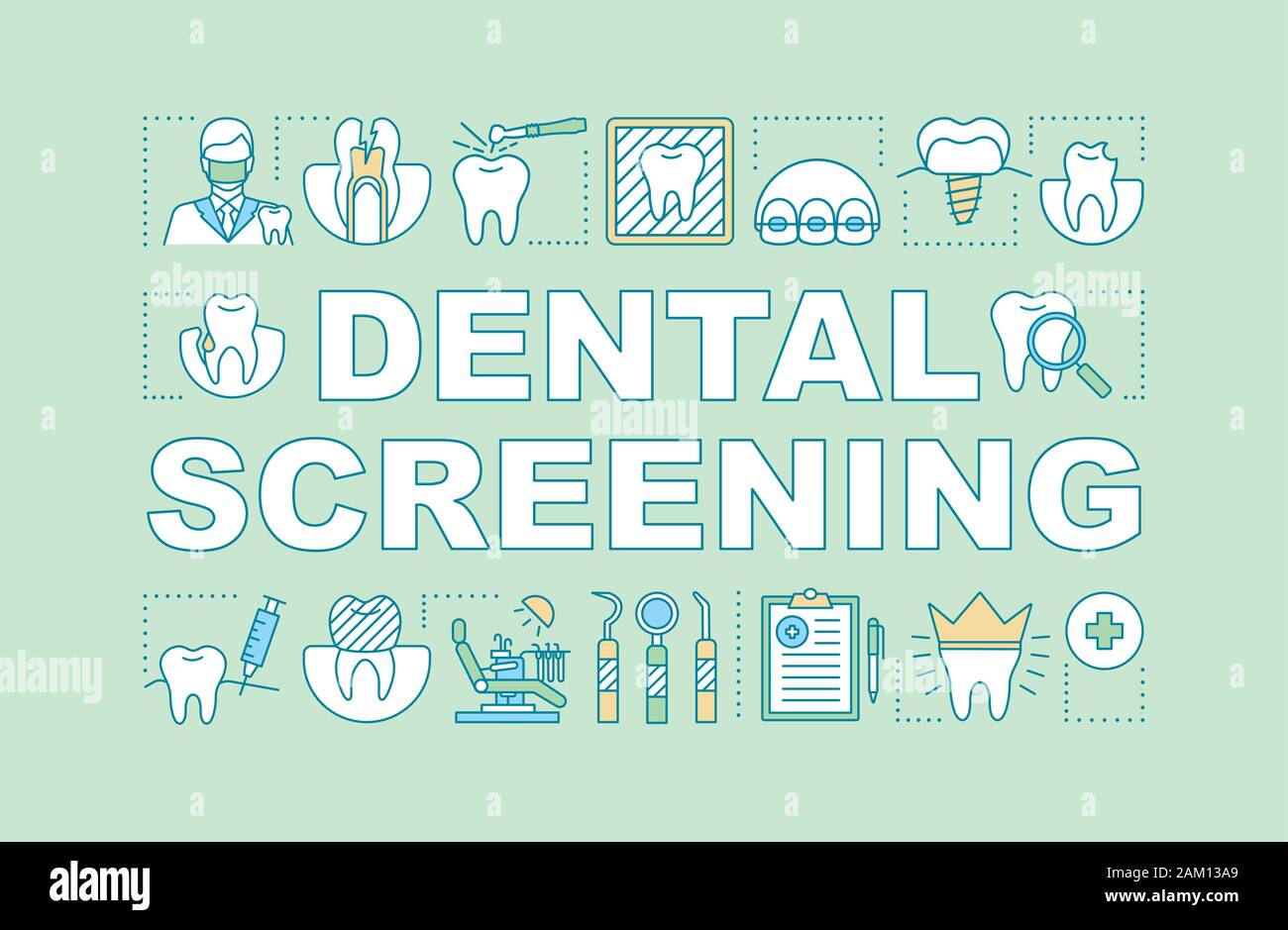 Dental screening word concepts banner. Stomatological clinic service