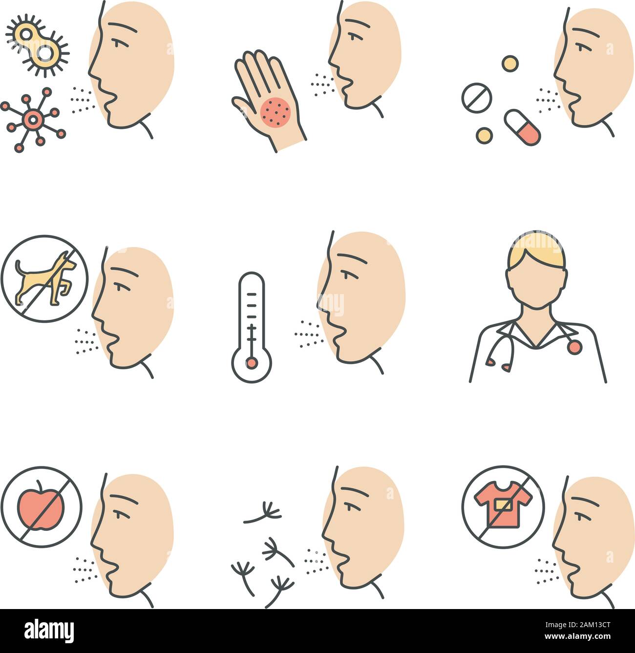 Allergies color icons set. Contact, food, respiratory diseases. Allergen sources. Diagnosis and medication. Hypersensitivity of immune system. Medical Stock Vector