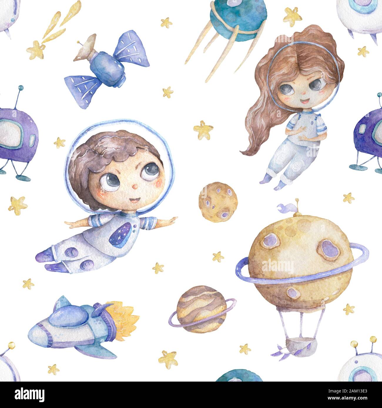 Cute boy and girl astronaut with rocket and planets background seamless ...
