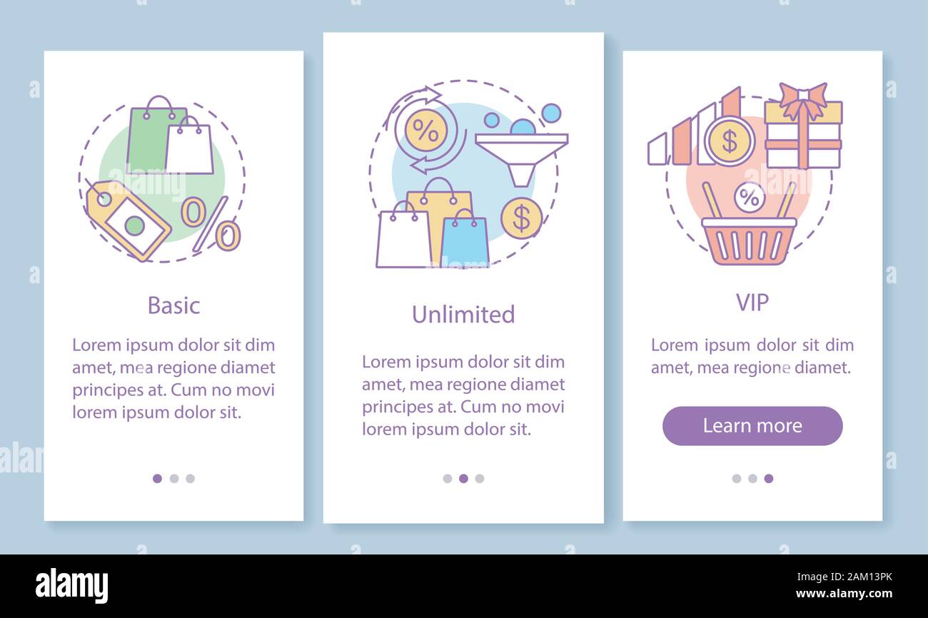 Discounts & bonuses subscription onboarding mobile app page screen with linear concepts. Basic, VIP tariff. Three walkthrough steps graphic instructio Stock Vector