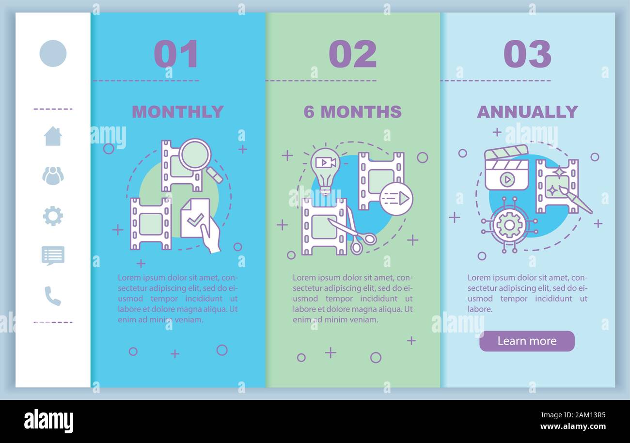 Video editor subscription onboarding mobile web pages vector template. Monthly tariff. Responsive smartphone website interface idea, illustrations. We Stock Vector