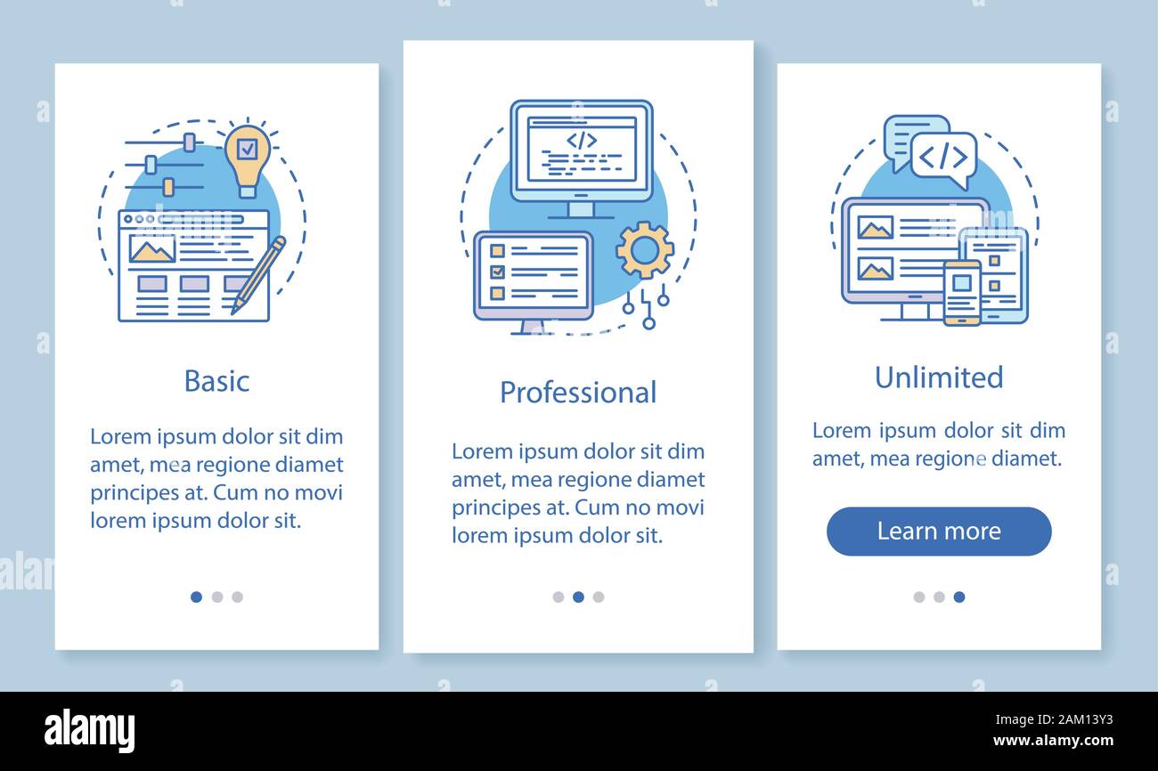 Website builder pricing onboarding mobile app page screen with linear concepts. Basic, professional tariff. Three walkthrough steps graphic instructio Stock Vector