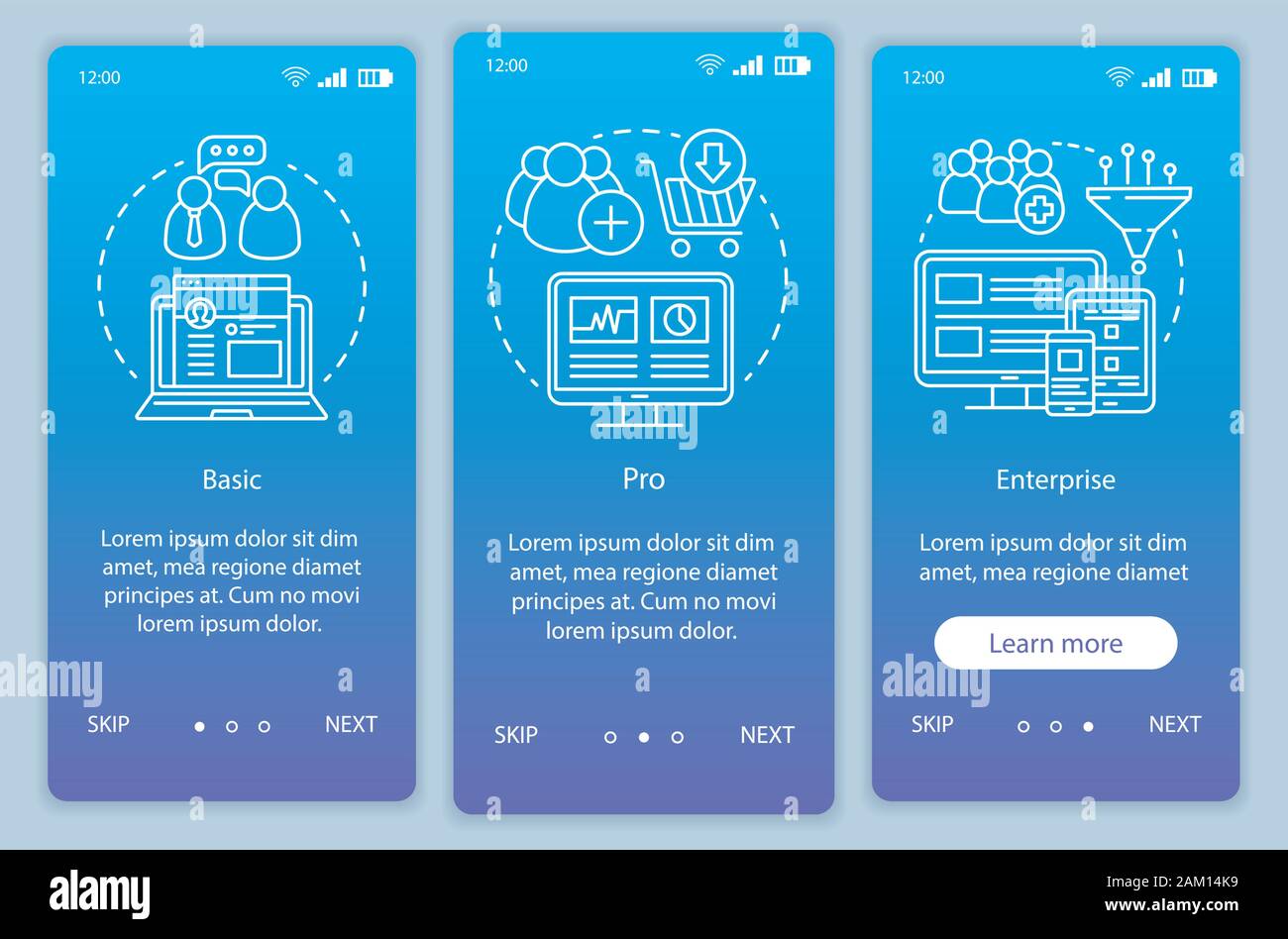 Digital marketing tools subscription onboarding mobile app page screen vector template. Walkthrough website steps with linear illustrations. Basic tar Stock Vector