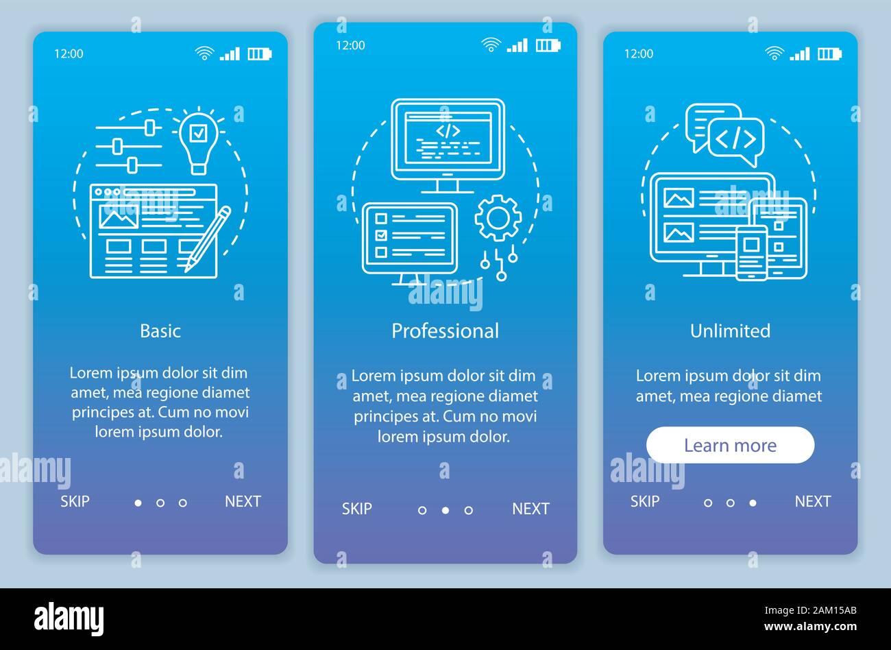 Website builder pricing onboarding mobile app page screen vector template. Walkthrough website steps with linear illustrations. Basic, professional ta Stock Vector