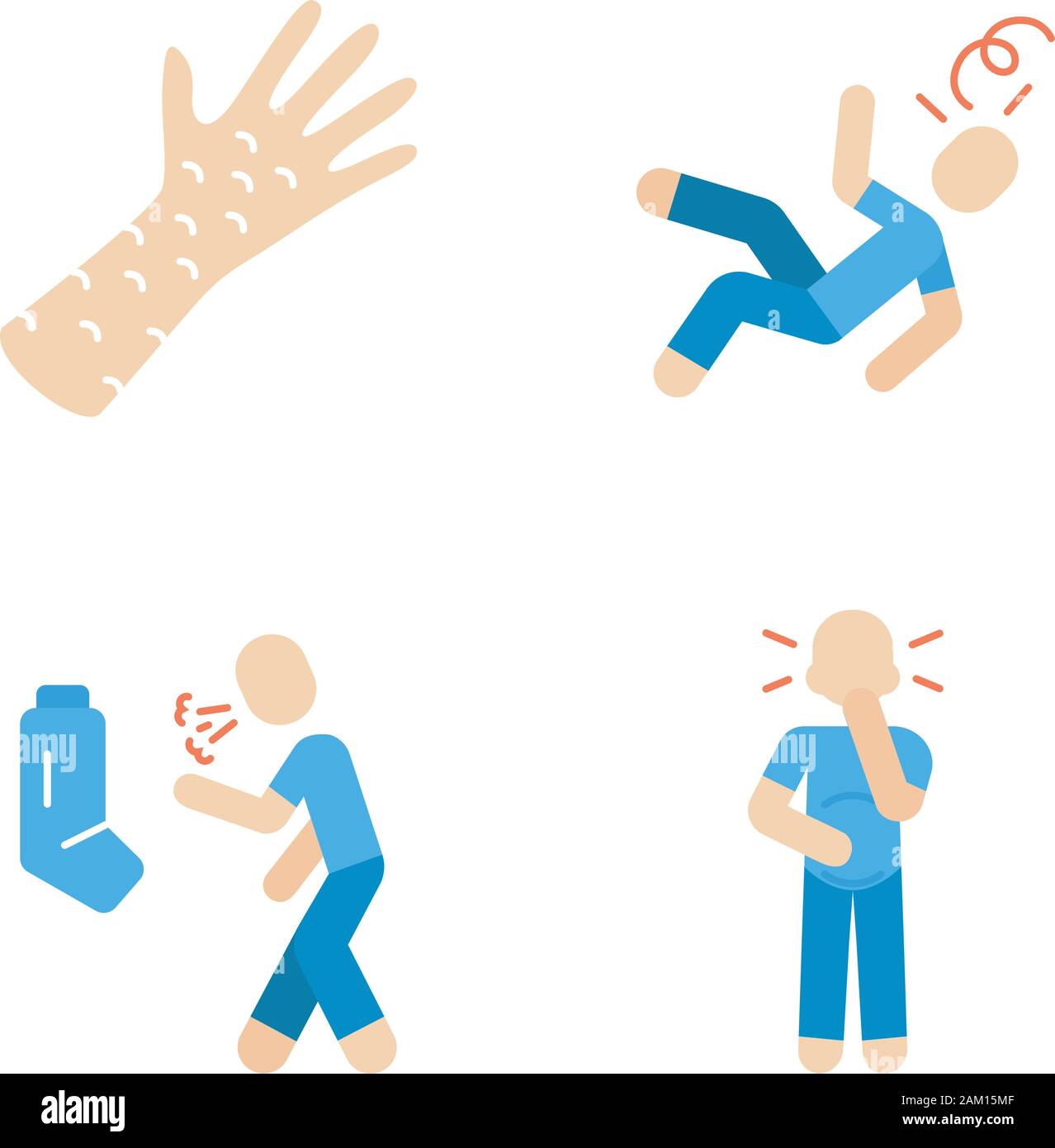 Infection, allergy symptoms flat design long shadow color icons set