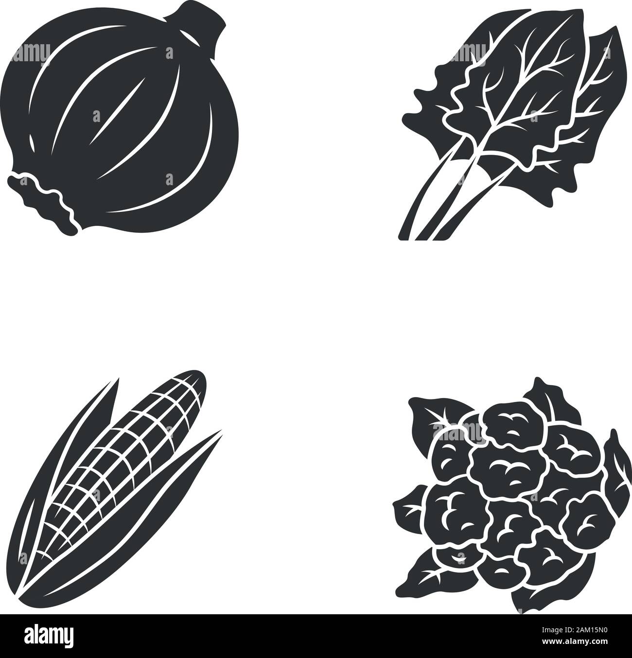 Vegetables glyph icon. Cauliflower, onion, corn, spinach. Vitamin and diet. Healthy nutrition. Salad ingredient. Silhouette symbol. Negative space. Ve Stock Vector