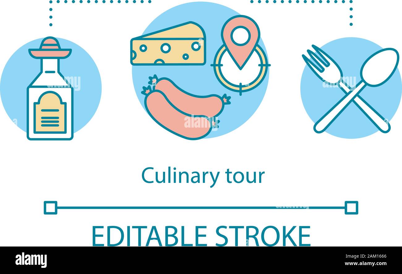 Culinary tour concept icon. Travel experience idea thin line illustration. Cuisine of foreign country. Semi manufactures. National gastronomy. Local d Stock Vector