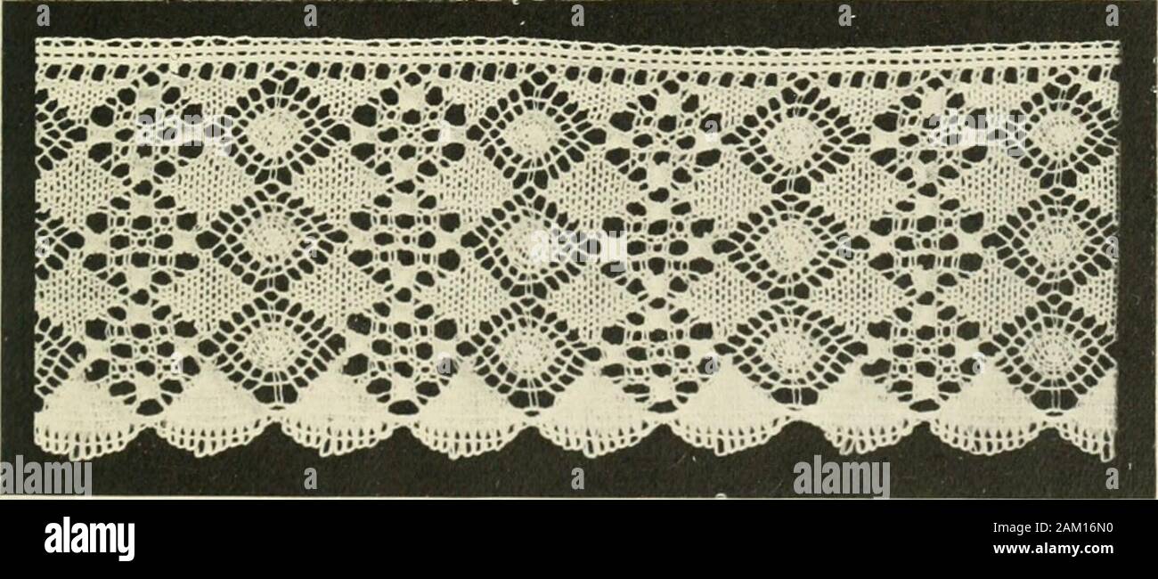 Lace, its origin and history . Imitation Mechlin.. Imitation Torchon. 53 ,-, I Lace: Its Origin and History. mental difference between the two, however, was that Mechlin wasworked in one piece upon the pillow, while the Brussels pattern wasfirst made by itself, and the reseau or net ground was afterward workedin around it. The manufacture of Mechlin has long been on the decline,the French Revolution seriously injuring the industry; and when thetrade was revived and encouraged under Napoleon, the exquisite pat-terns of former times had been partly forgotten or were too expensivefor popular dema Stock Photo