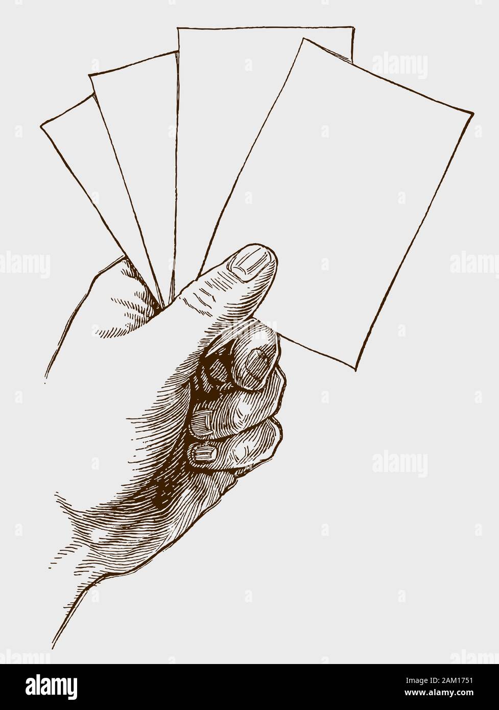 Human hand presenting four note cards. Illustration after an engraving from the early 20th century Stock Vector