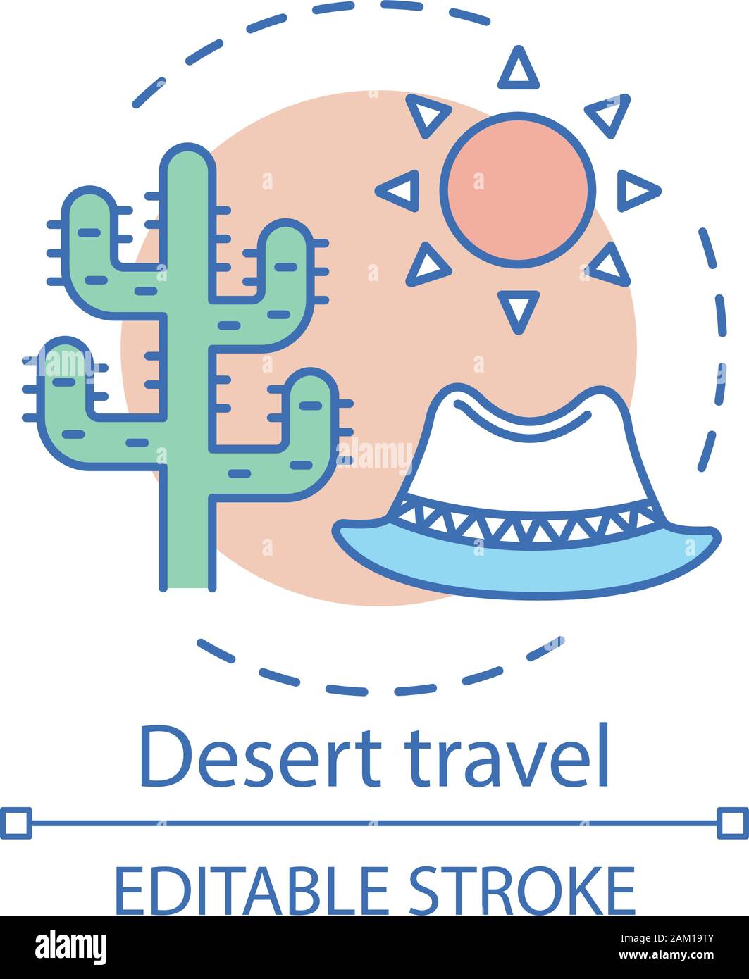 Desert travel concept icon. Travel experience idea thin line illustration. Extreme tourism. Wild animals and plants observation. Succulents. Vector is Stock Vector