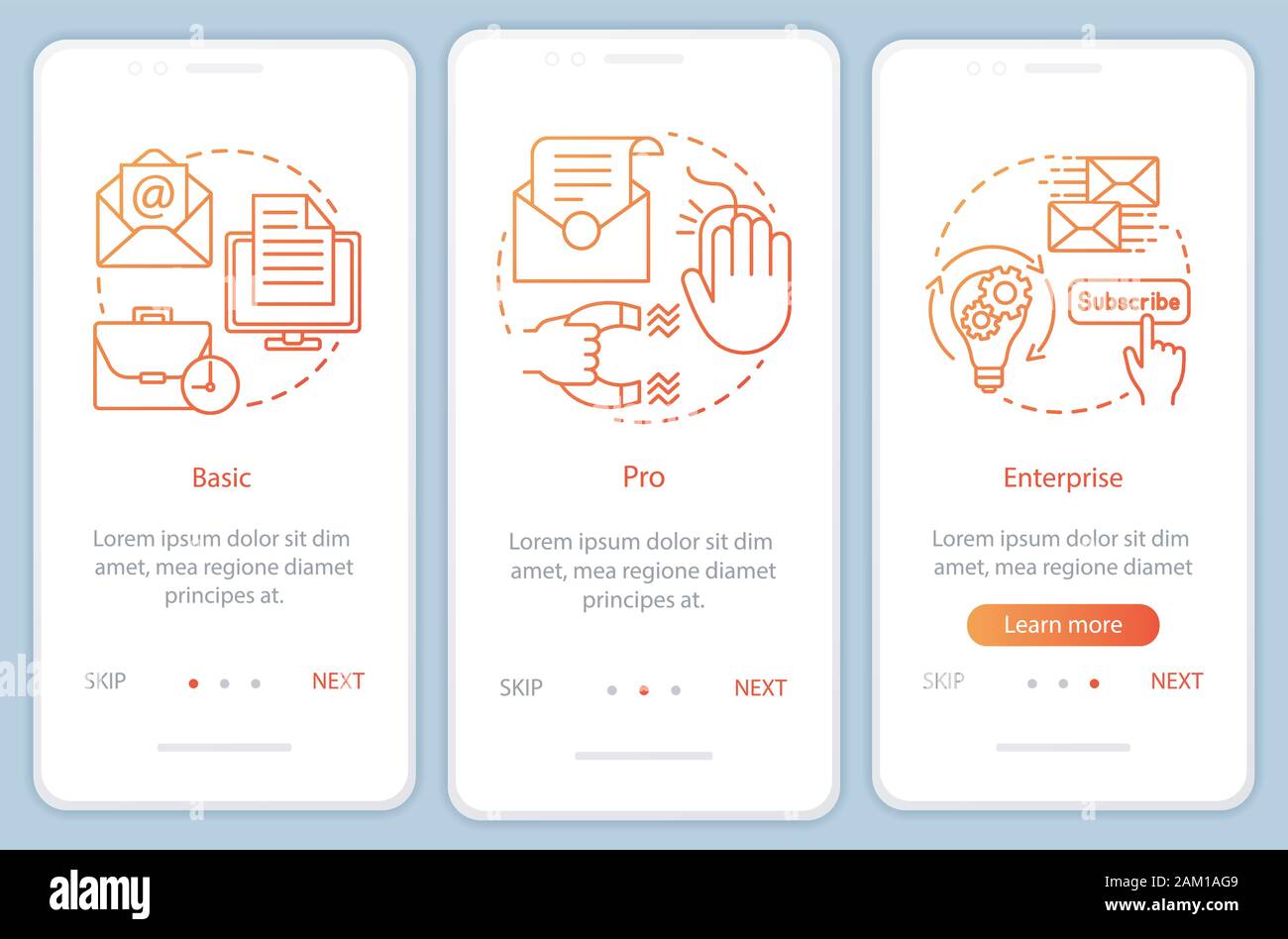 Email marketing subscription onboarding mobile app page screen with linear concepts. Enterprise tariff. Three walkthrough steps graphic instructions. Stock Vector