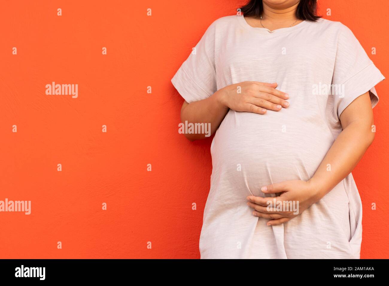 Pregnant woman feeling happy at home while taking care of her child. The young expecting mother holding baby in pregnant belly. Maternity prenatal car Stock Photo