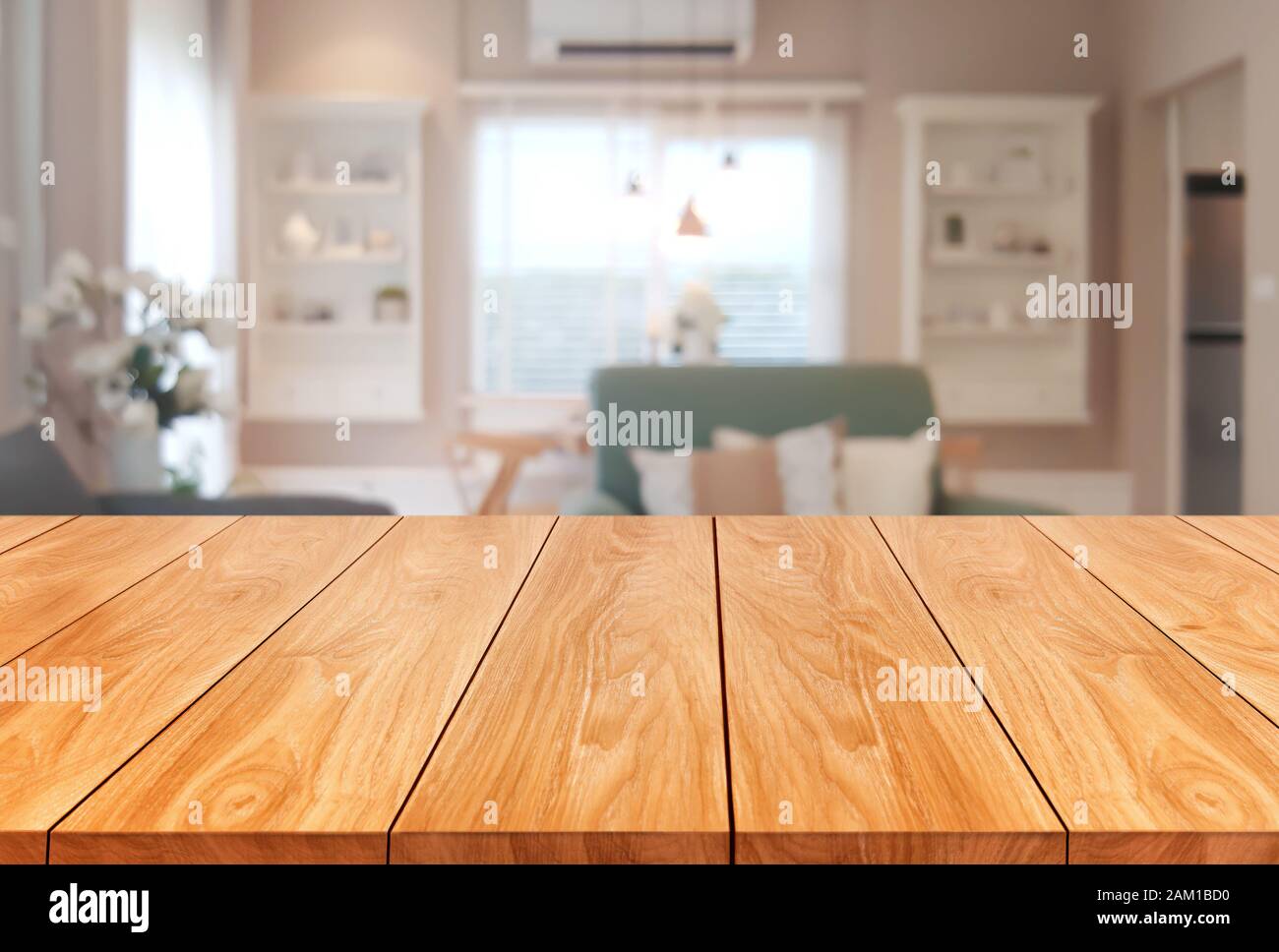 Wood table in modern home room interior with empty copy space on the