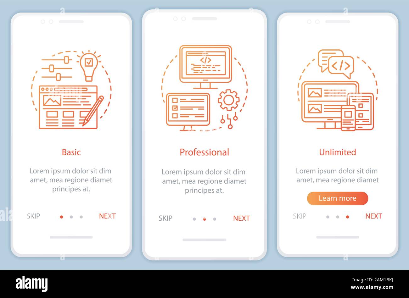 Website builder pricing onboarding mobile app page screen with linear concepts. Basic, unlimited tariffs. Three walkthrough steps graphic instructions Stock Vector