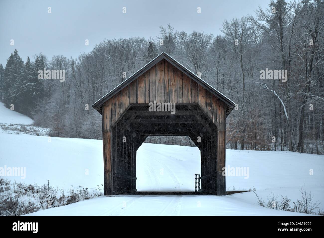 Mill Brook Covered Bridge in Hartland, Vermont during the winter. Stock Photo