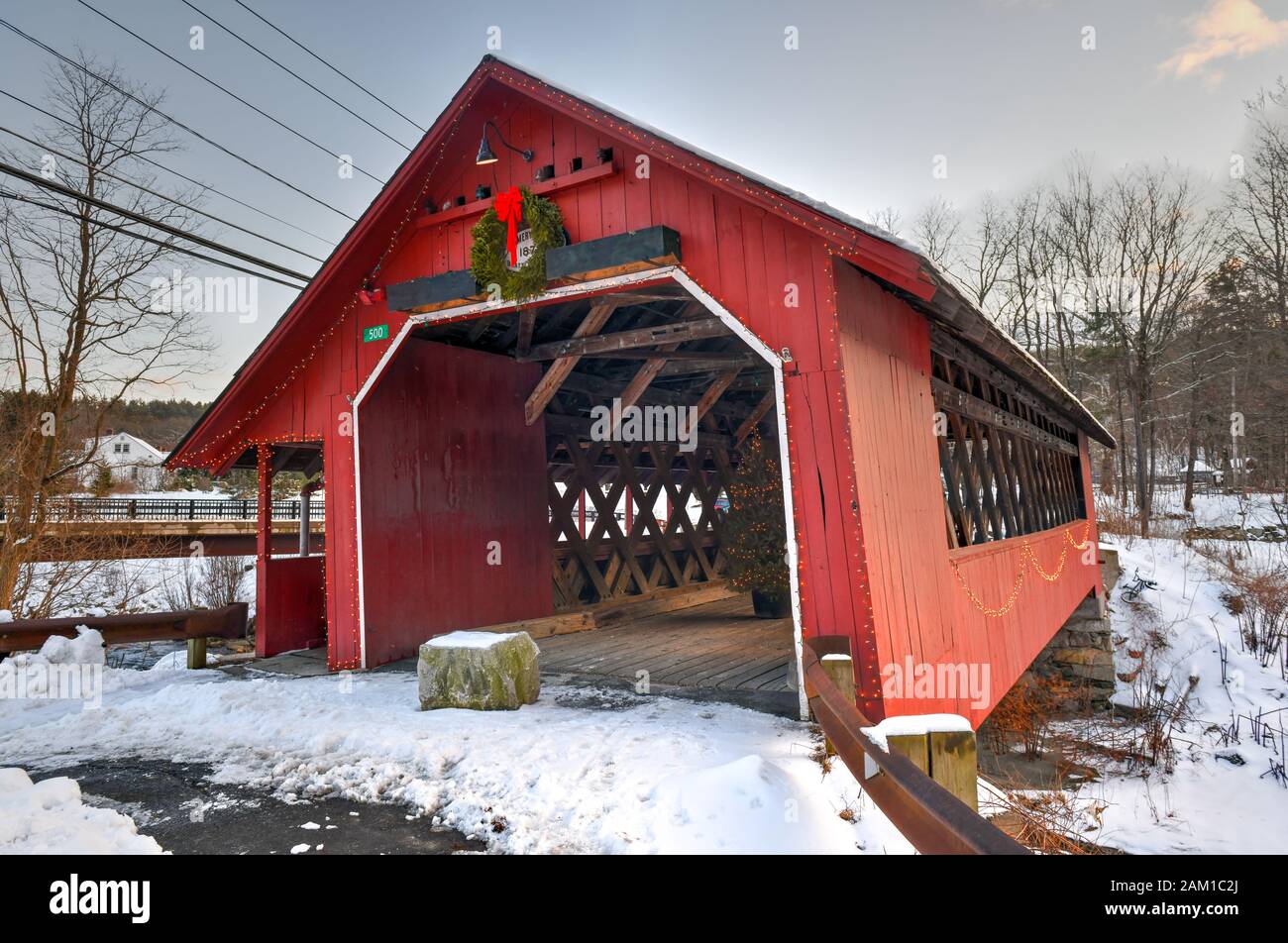 Creamery Covered Bridge in West Brattleboro, Vermont during the winter