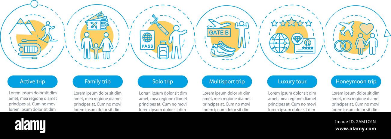 Travel styles vector infographic template. Business presentation design elements. Luxury tour. Data visualization with six steps and options. Process Stock Vector
