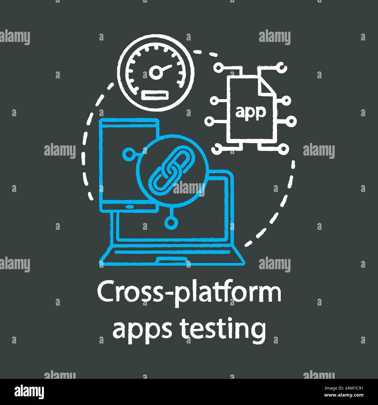 Cross platform app testing chalk concept icon. Performance optimization, usability check idea thin line chalkboard illustration. System management, pr Stock Vector