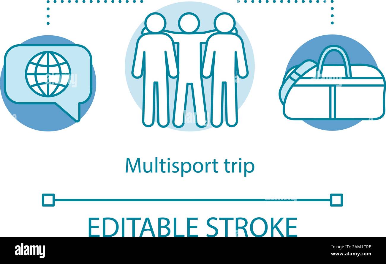 Multisport trip concept icon. Travel style idea thin line illustration. Active voyage. Tourist vacation offer. Traveling with friends. Extreme tourism Stock Vector