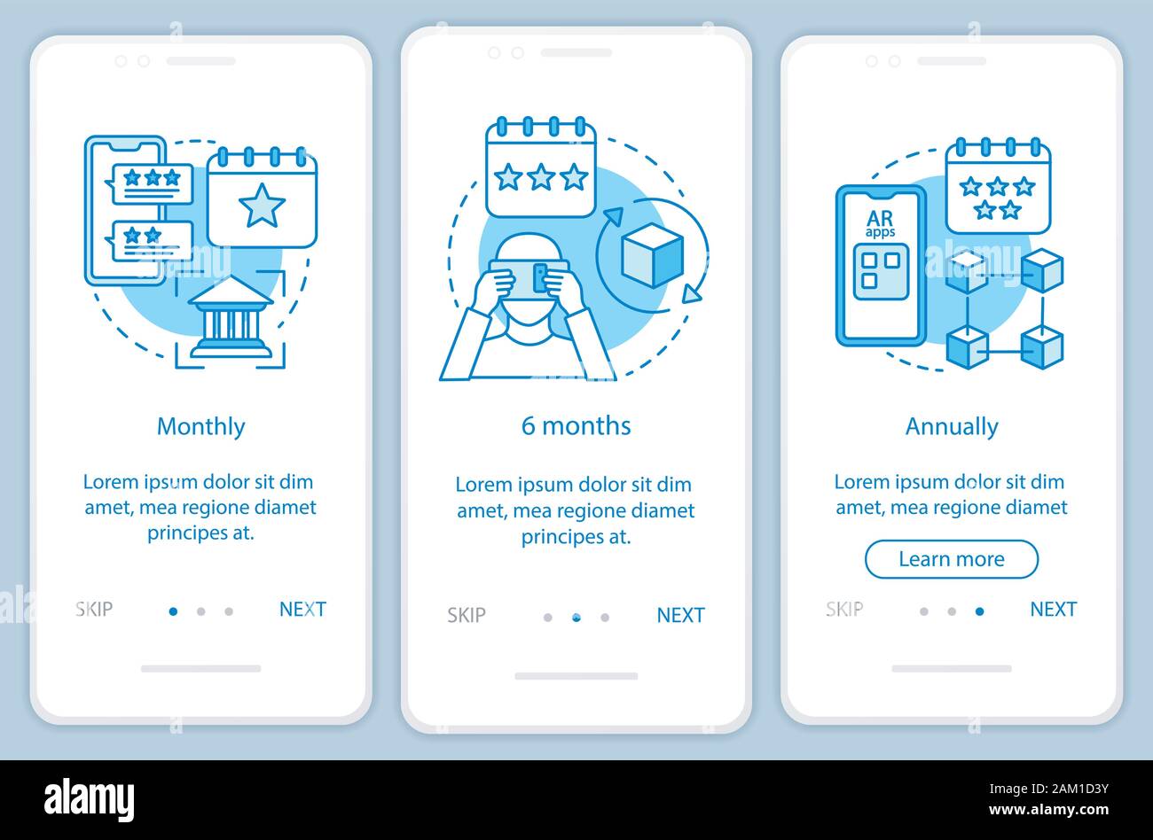 AR tool subscription onboarding mobile app page screen with linear concepts. Three walkthrough steps graphic instructions. Monthly or annually tariffs Stock Vector