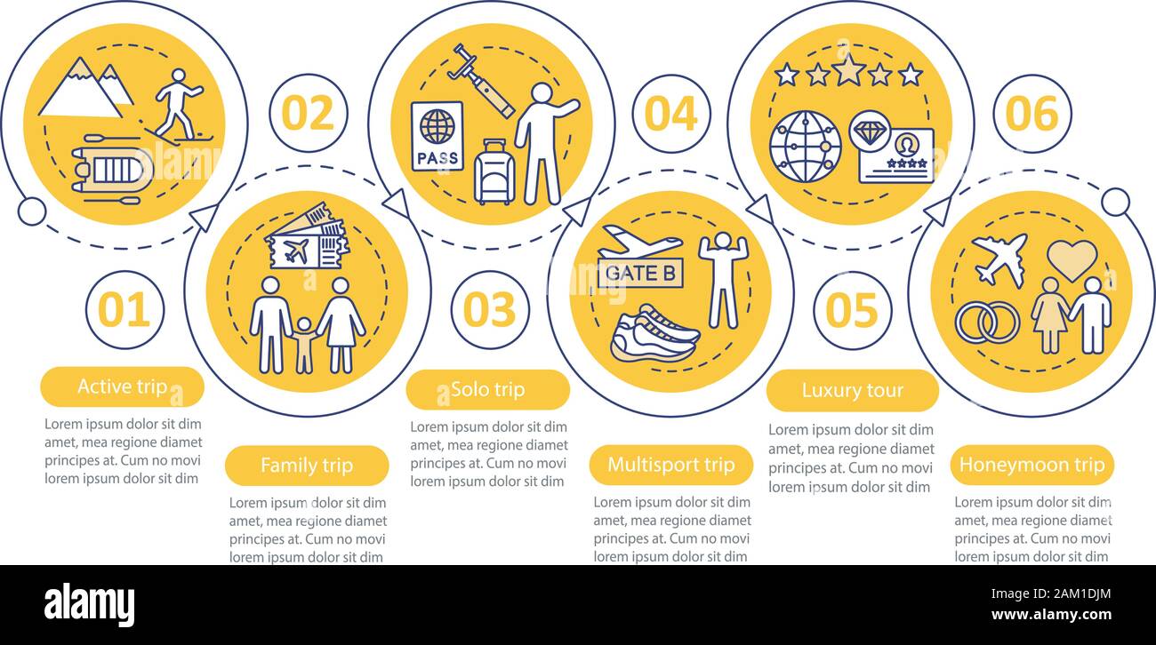 Travel styles vector infographic template. Luxury tour. Business presentation design elements. Data visualization with six steps and options. Process Stock Vector