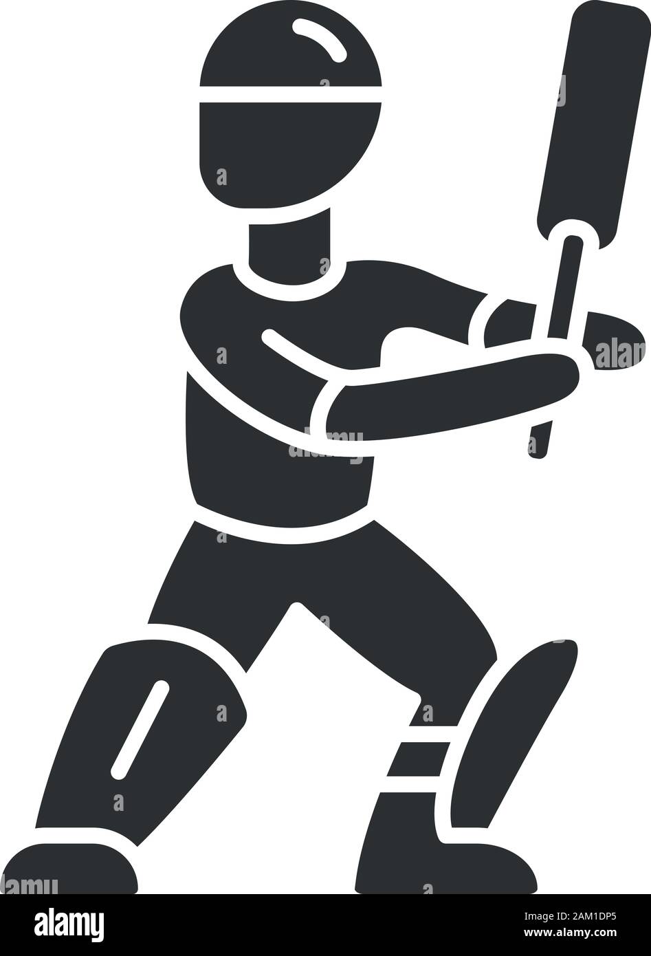 Cricket player glyph icon. Batsman ready to fight off pitch. Cricketer