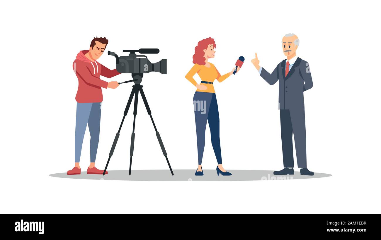 Journalist interviewing politician flat vector illustration. Video operator, correspondent and famous person cartoon characters. Mass media, press, TV Stock Vector