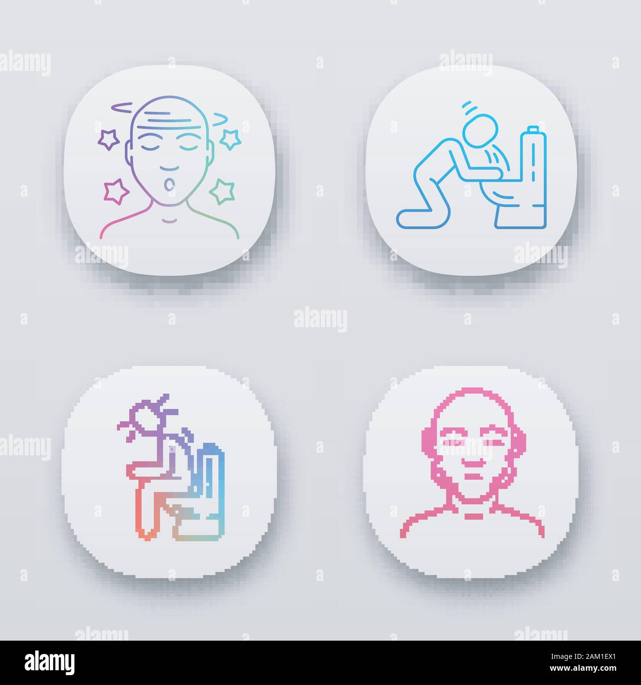 Food poisoning app icons set. Allergy symptoms. Vomiting, diarrhea