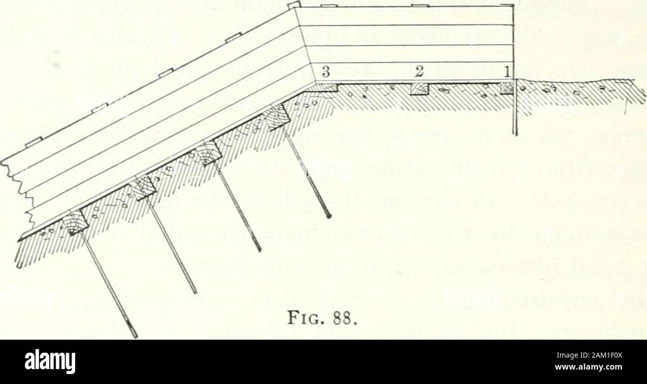 Water-power; an outline of the development and application of the energy of flowing water . Fig. 87. or sleepers about 9 inches square are imbedded in the outerslope, and confined by long iron rods driven into the embank-ment. The timbers e.xtcnd the width of the work, shown byFig. 88, and the wider this is, the better for the purpose. 190 EESEK V OIK-DA MS. S TOE A GE-RESER VOIRS.. The sleepers are covered with a flooring of 2- or 3-inch plank,in lengths only sufficient to reach from one to another. Thisflooring is terminated by side walls of plank, sustained byuprights mortised into the slee Stock Photo