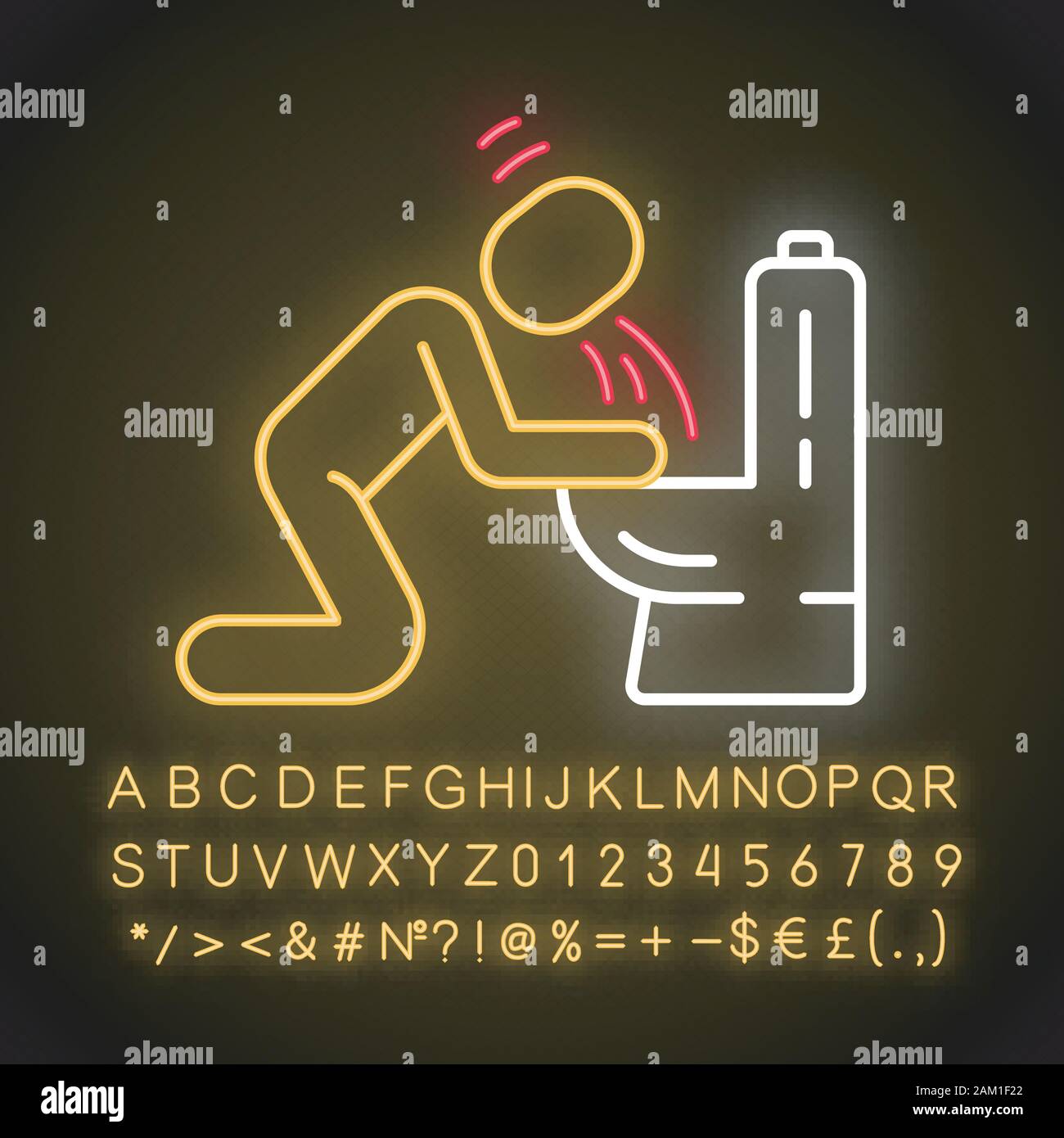Vomiting, nausea neon light icon. Allergy, food poisoning, hangover