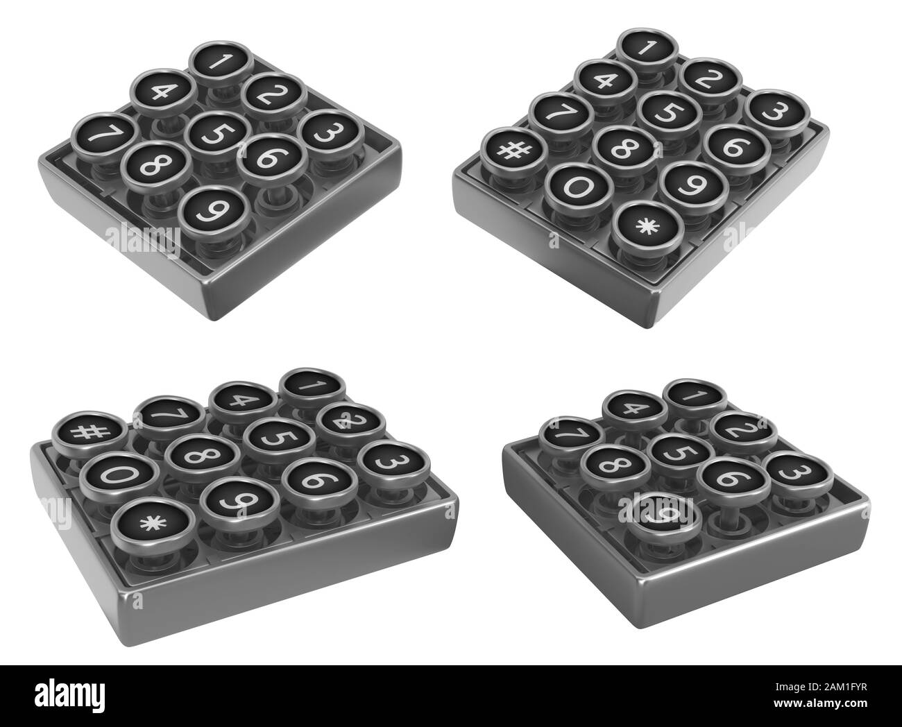 Combination type buttons keypads set, grey metal 3d illustration, isolated, horizontal, over white Stock Photo