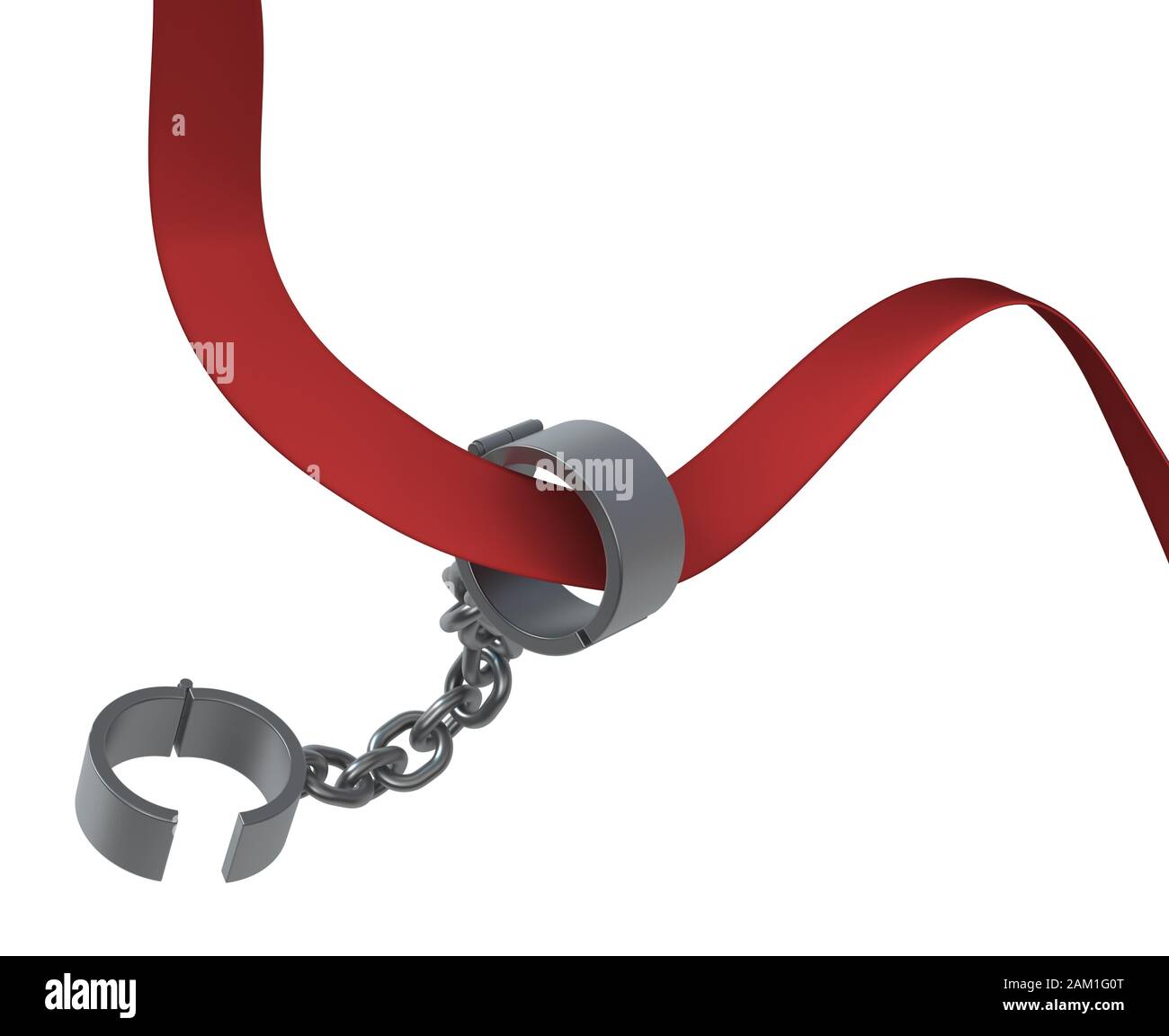 Red tape shackles hanging, chain metal 3d illustration, isolated, horizontal, over white Stock Photo