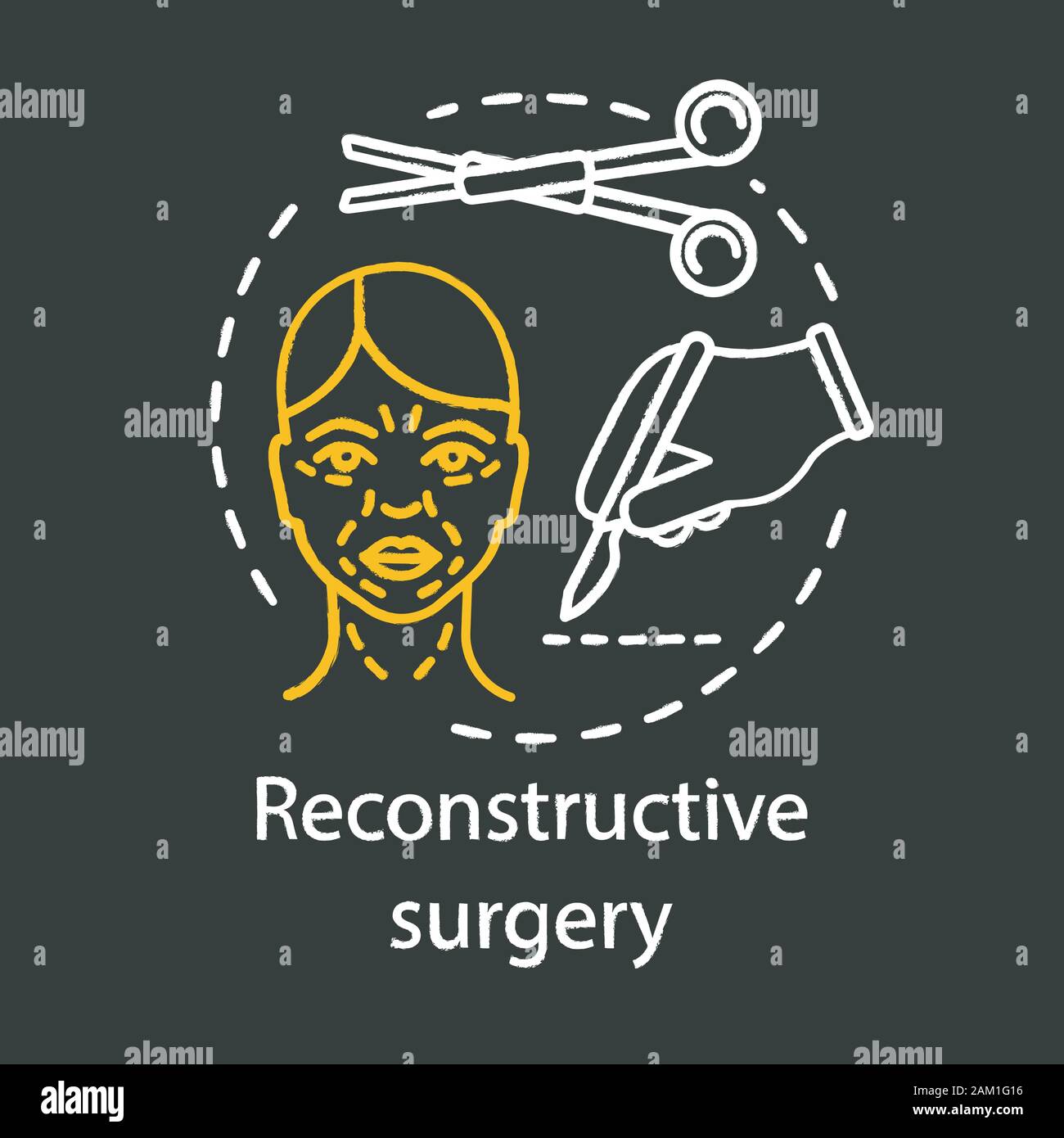 Reconstructive surgery chalk icon. Body structures treatment. Congenital defects. Abnormalities, trauma, tumors. Medical instruments. Isolated vector Stock Vector