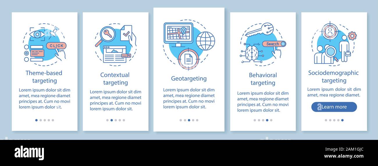 Targeting types onboarding mobile app page screen with linear concepts ...