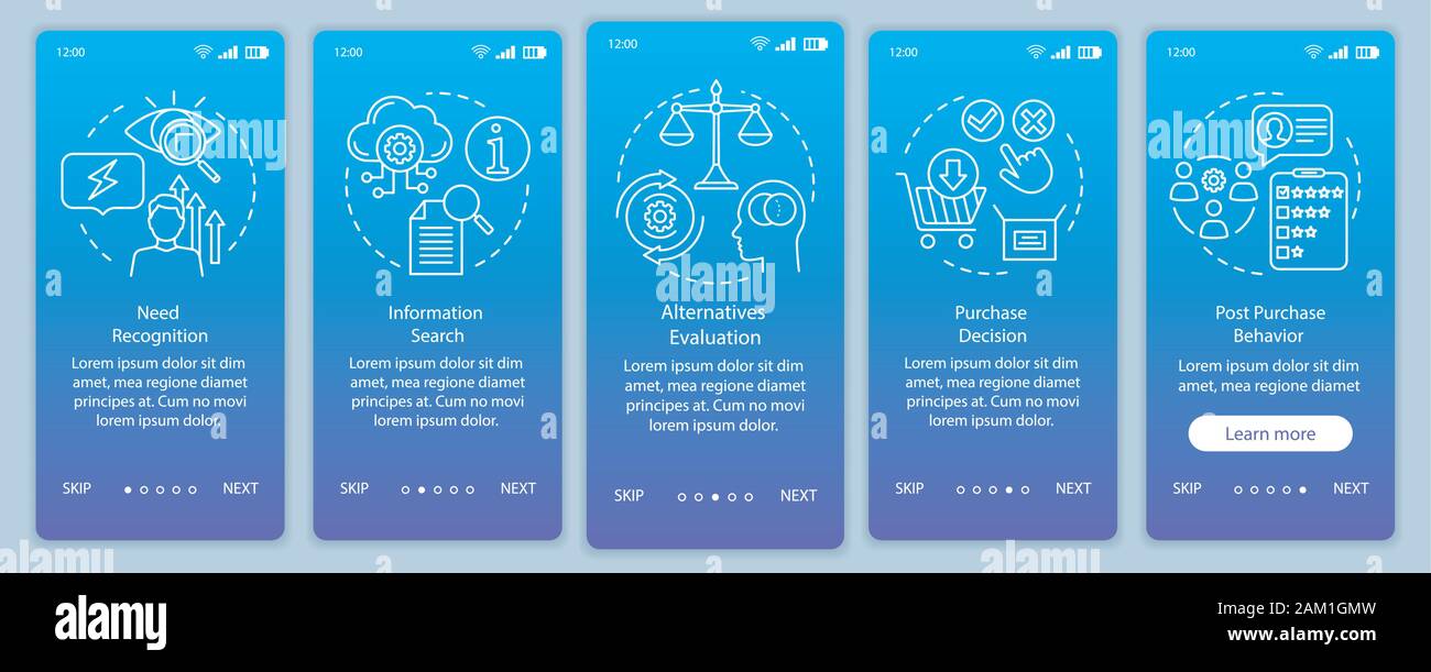 Buying decision process blue gradient onboarding mobile app page screen vector template. Purchasing items walkthrough website steps with linear illust Stock Vector