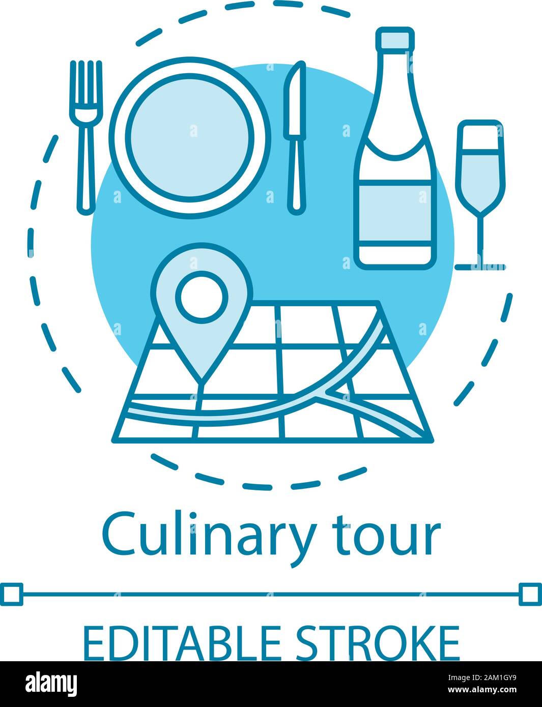 Culinary tour concept icon. Travel experience idea thin line illustration. National gastronomy. Cuisine of foreign country. Tasting local dishes. Vect Stock Vector