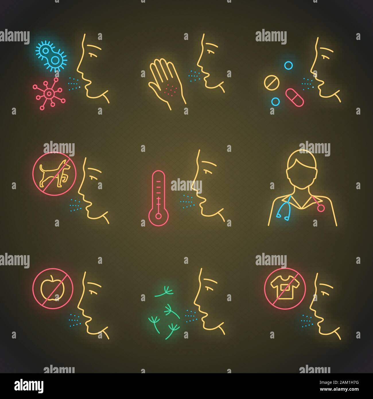 Allergies app icons set. Contact, food, respiratory diseases. Allergen sources. Diagnosis, medication. Medical problem. UI/UX user interface. Web or m Stock Vector