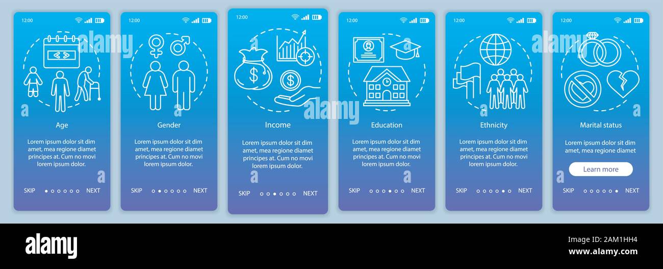 Demographics blue gradient onboarding mobile app page screen vector template. Social characteristics walkthrough website steps with linear illustratio Stock Vector