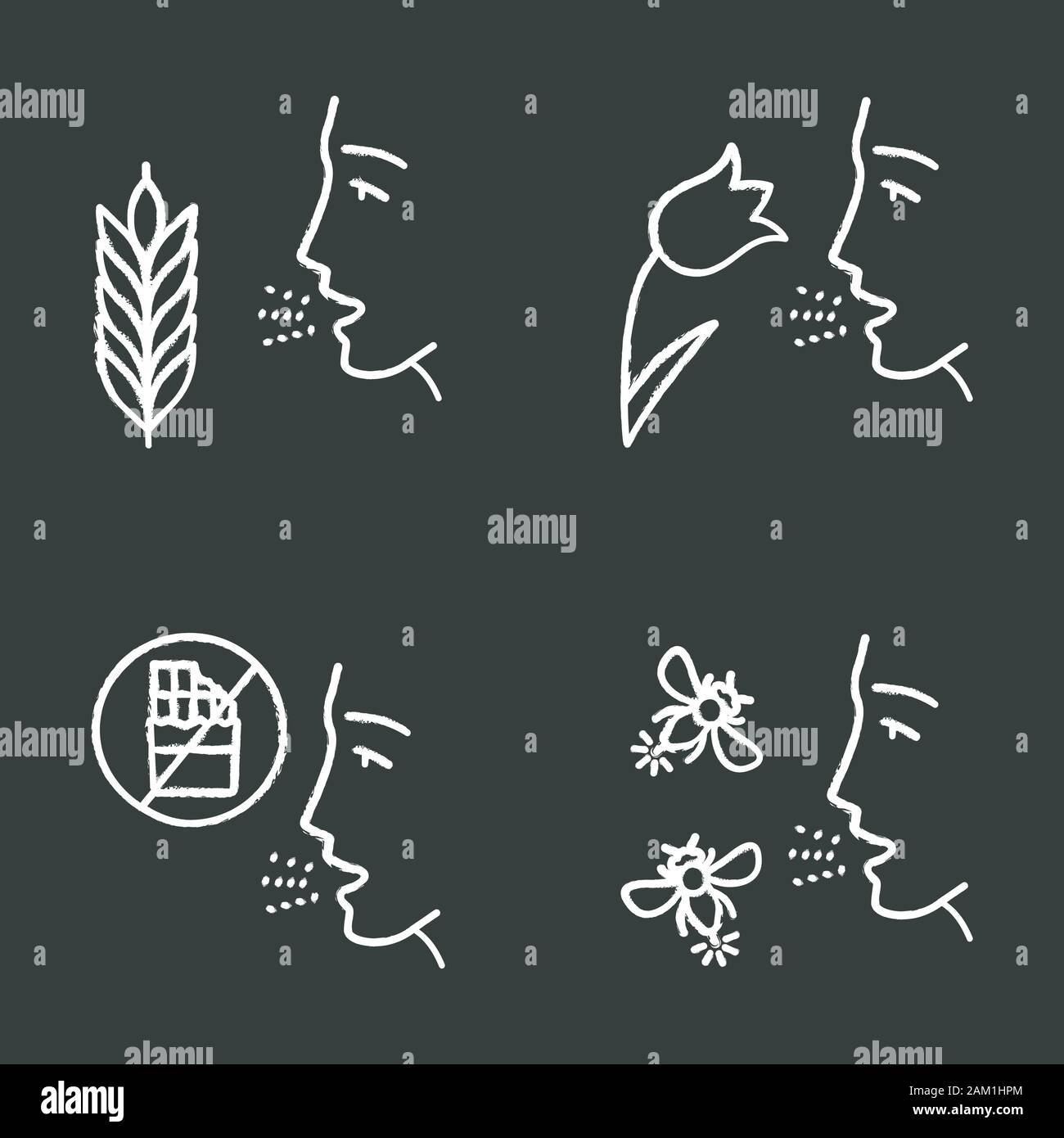 Allergies chalk icons set. Hay fever, allergy to food and insects